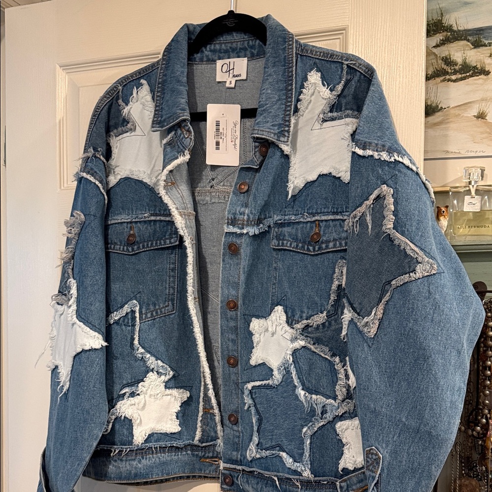 OH oversized Denim Jacket with Distressed Star Patches will fit l xl